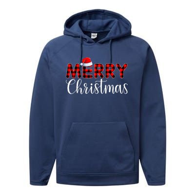 Merry Christmas Buffalo Plaid Red Santa Hat Pajama  Performance Fleece Hoodie