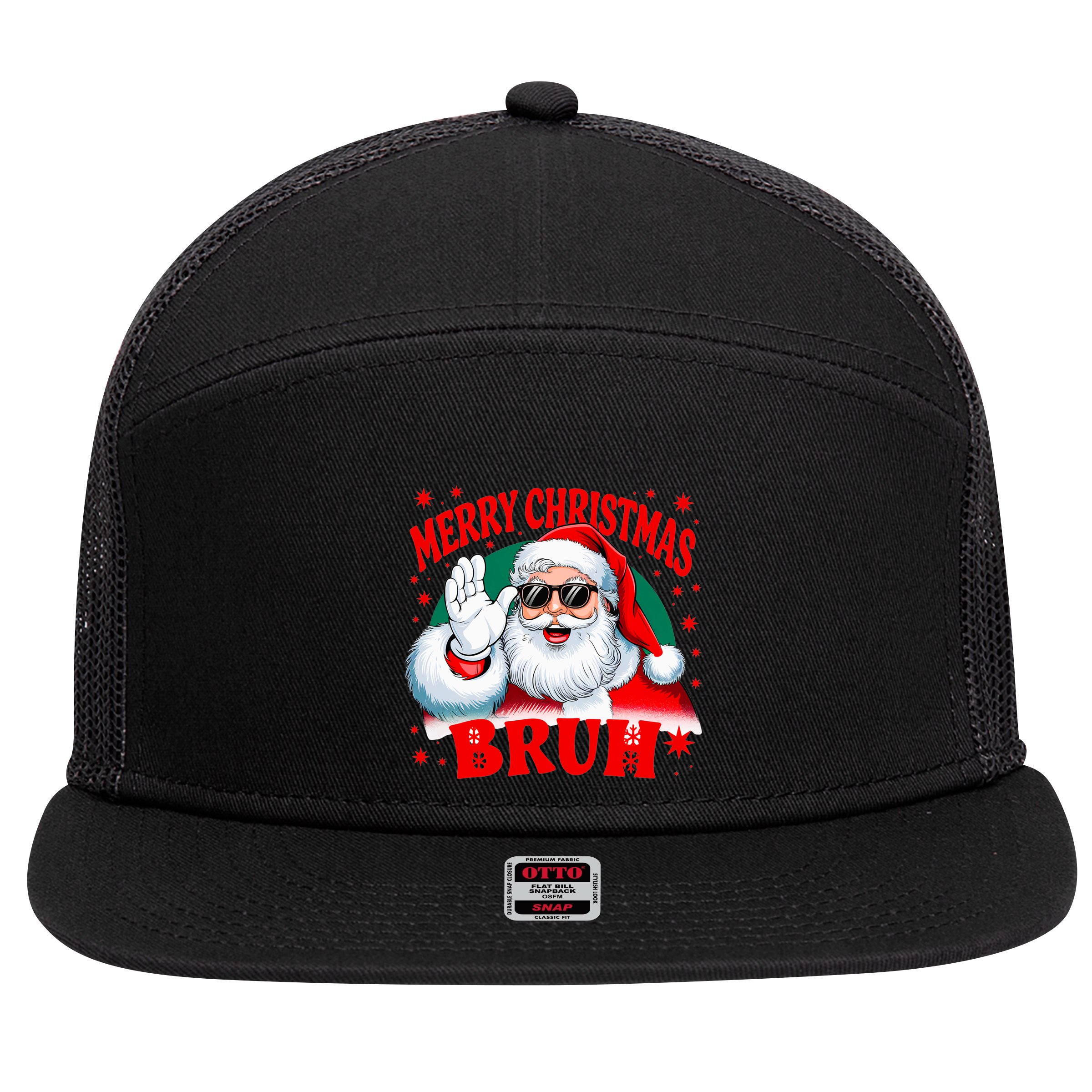 Merry Christmas Bruh Santa Claus Funny 7 Panel Mesh Trucker Snapback Hat