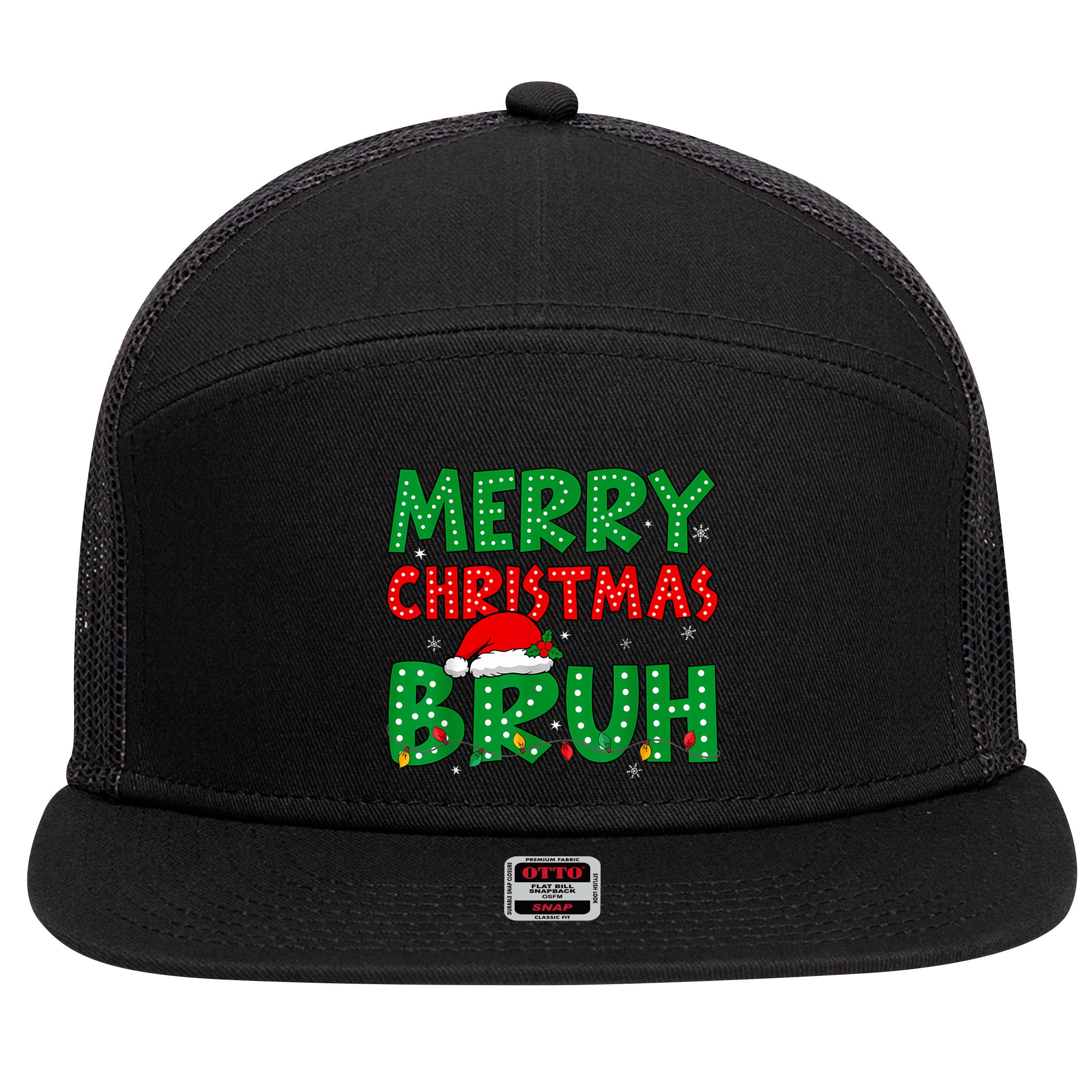 Merry Christmas Bruh Meme Funny Holiday 7 Panel Mesh Trucker Snapback Hat
