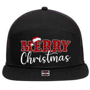 Merry Christmas Buffalo Plaid Red Santa Hat Xmas Pajamas 7 Panel Mesh Trucker Snapback Hat