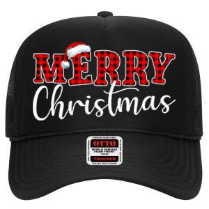 Merry Christmas Buffalo Plaid Red Santa Hat Xmas Pajamas High Crown Mesh Back Trucker Hat