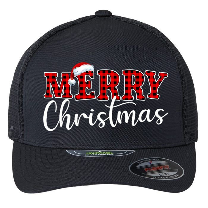 Merry Christmas Buffalo Plaid Red Santa Hat Xmas Pajamas Flexfit Unipanel Trucker Cap