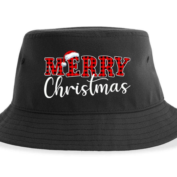 Merry Christmas Buffalo Plaid Red Santa Hat Xmas Pajamas Sustainable Bucket Hat