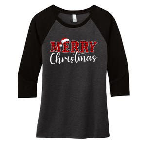 Merry Christmas Buffalo Plaid Red Santa Hat Xmas Pajamas Women's Tri-Blend 3/4-Sleeve Raglan Shirt