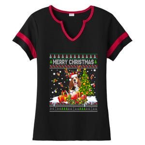 Merry Christmas Basset Hound Santa Xmas Lights Ugly Pajama Great Gift Ladies Halftime Notch Neck Tee