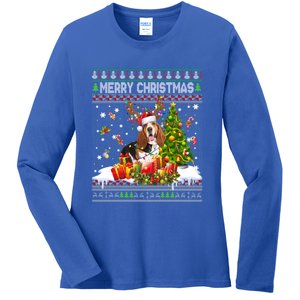 Merry Christmas Basset Hound Santa Xmas Lights Ugly Pajama Great Gift Ladies Long Sleeve Shirt