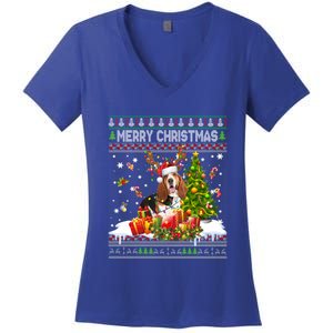 Merry Christmas Basset Hound Santa Xmas Lights Ugly Pajama Great Gift Women's V-Neck T-Shirt