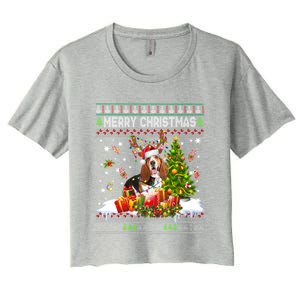 Merry Christmas Basset Hound Santa Xmas Lights Ugly Pajama Great Gift Women's Crop Top Tee