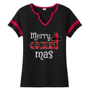 Merry Christmas Buffalo Plaid Ladies Halftime Notch Neck Tee