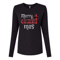 Merry Christmas Buffalo Plaid Womens Cotton Relaxed Long Sleeve T-Shirt