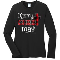 Merry Christmas Buffalo Plaid Ladies Long Sleeve Shirt