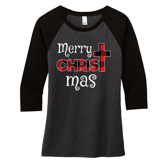 Merry Christmas Buffalo Plaid Women's Tri-Blend 3/4-Sleeve Raglan Shirt