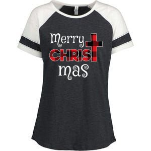 Merry Christmas Buffalo Plaid Enza Ladies Jersey Colorblock Tee