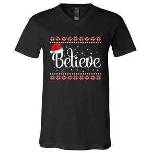 Merry Christmas Believe In Santa Claus Family Pajamas V-Neck T-Shirt