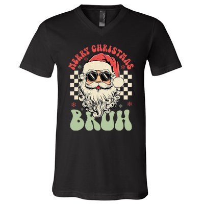 Merry Christmas Bruh Santa Sunglasses Retro V-Neck T-Shirt