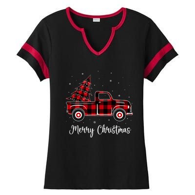 Merry Christmas Buffalo Red Plaid Truck Tree Ladies Halftime Notch Neck Tee