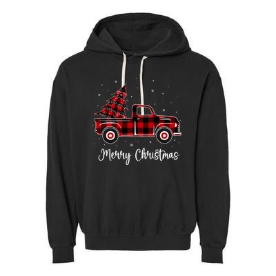 Merry Christmas Buffalo Red Plaid Truck Tree Garment-Dyed Fleece Hoodie