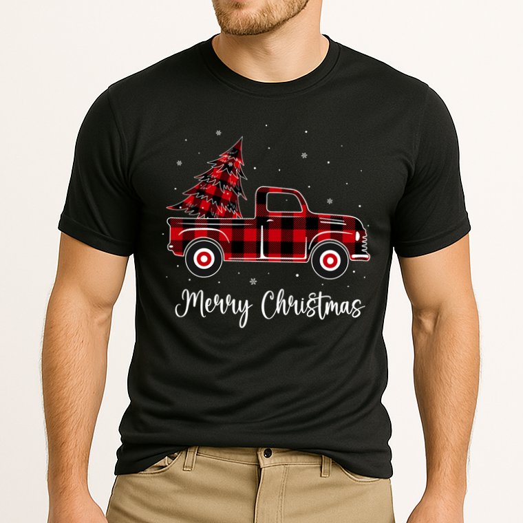 Merry Christmas Buffalo Red Plaid Truck Tree Cooling Performance Crew T-Shirt