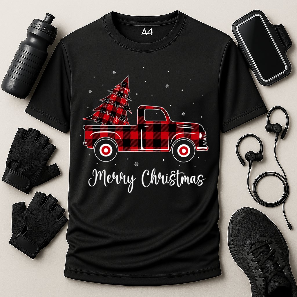 Merry Christmas Buffalo Red Plaid Truck Tree Cooling Performance Crew T-Shirt