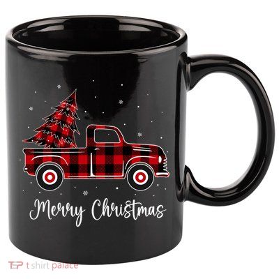 Merry Christmas Buffalo Red Plaid Truck Tree 11oz C Handle Ceramic Mug