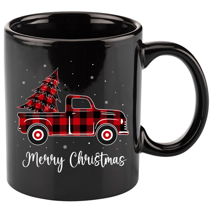Merry Christmas Buffalo Red Plaid Truck Tree 11oz C Handle Ceramic Mug