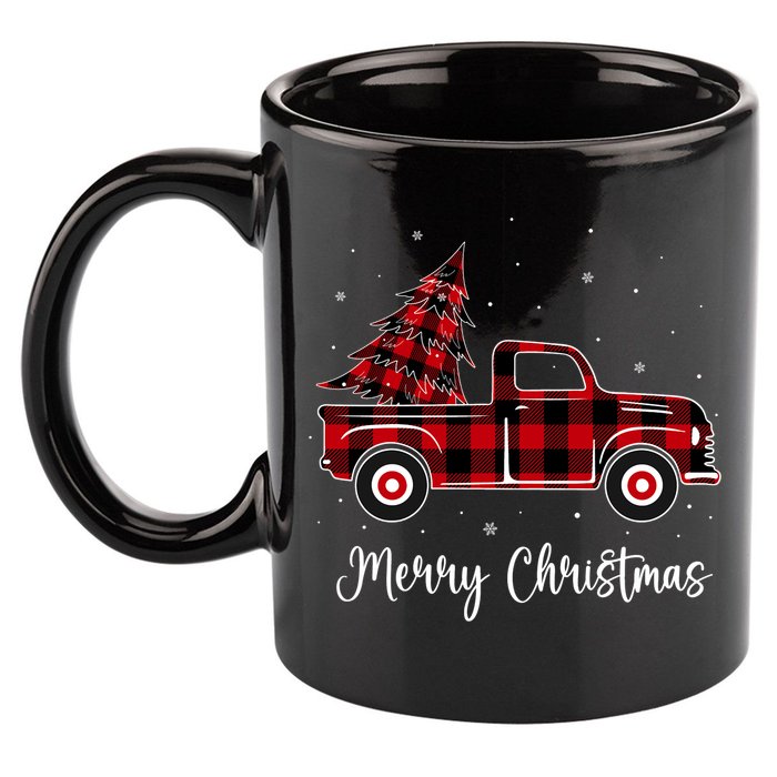 Merry Christmas Buffalo Red Plaid Truck Tree 11oz C Handle Ceramic Mug