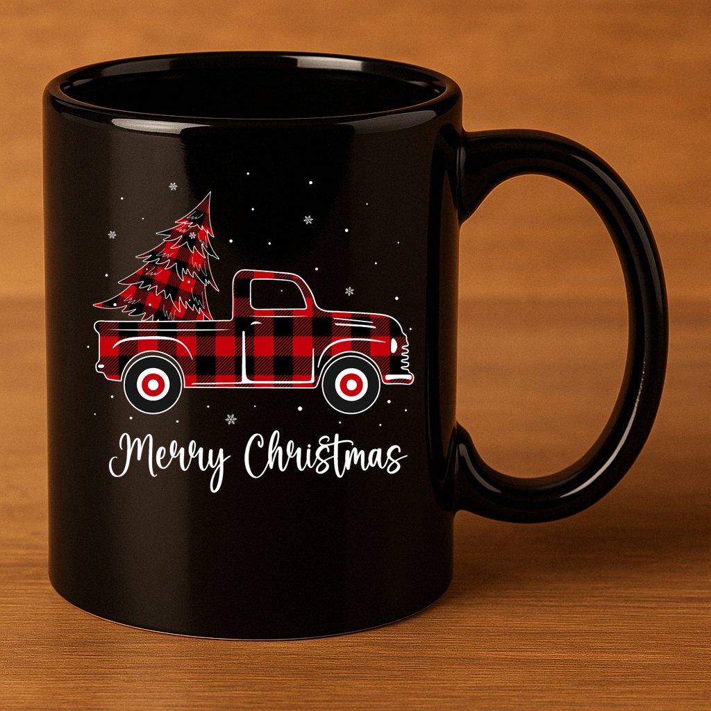 Merry Christmas Buffalo Red Plaid Truck Tree 11oz C Handle Ceramic Mug