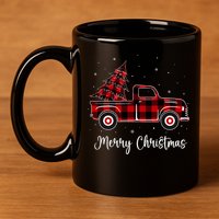Merry Christmas Buffalo Red Plaid Truck Tree 11oz C Handle Ceramic Mug