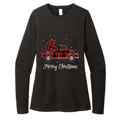 Merry Christmas Buffalo Red Plaid Truck Tree Womens CVC Long Sleeve Shirt