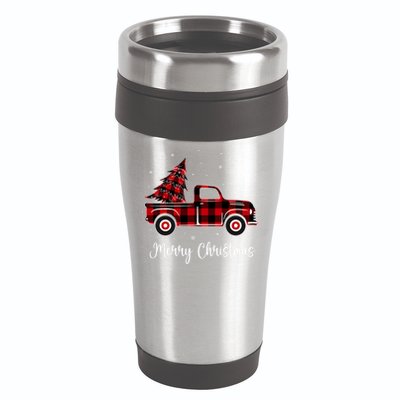 Merry Christmas Buffalo Red Plaid Truck Tree 16oz Travel Tumbler
