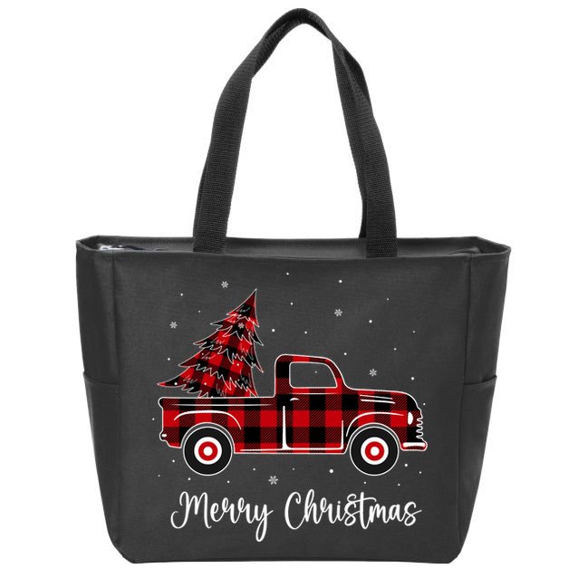 Merry Christmas Buffalo Red Plaid Truck Tree Zip Tote Bag