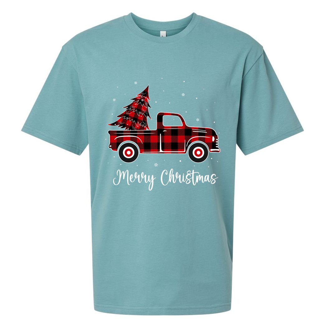 Merry Christmas Buffalo Red Plaid Truck Tree Sueded Cloud Jersey T-Shirt