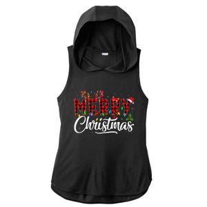 Merry Christmas Buffalo Plaid Red Santa Hat Pajama Ladies PosiCharge Tri-Blend Wicking Draft Hoodie Tank