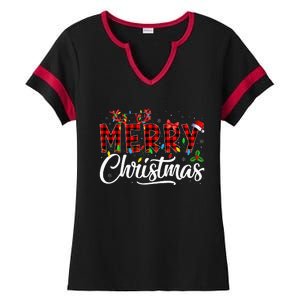 Merry Christmas Buffalo Plaid Red Santa Hat Pajama Ladies Halftime Notch Neck Tee