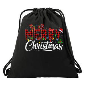 Merry Christmas Buffalo Plaid Red Santa Hat Pajama Drawstring Bag