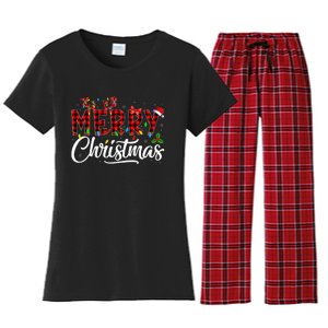 Merry Christmas Buffalo Plaid Red Santa Hat Pajama Women's Flannel Pajama Set