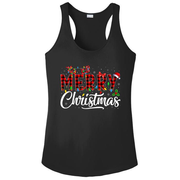 Merry Christmas Buffalo Plaid Red Santa Hat Pajama Ladies PosiCharge Competitor Racerback Tank