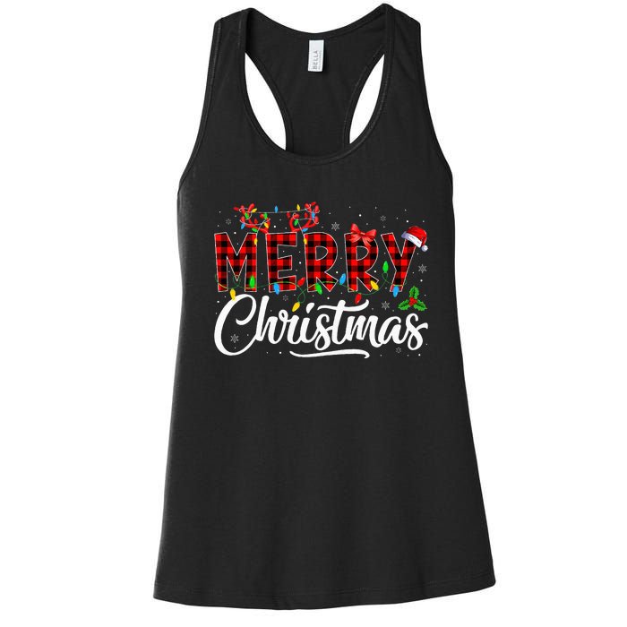 Merry Christmas Buffalo Plaid Red Santa Hat Pajama Women's Racerback Tank