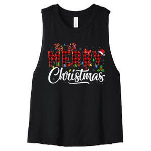 Merry Christmas Buffalo Plaid Red Santa Hat Pajama Women's Racerback Cropped Tank