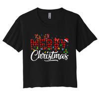 Merry Christmas Buffalo Plaid Red Santa Hat Pajama Women's Crop Top Tee