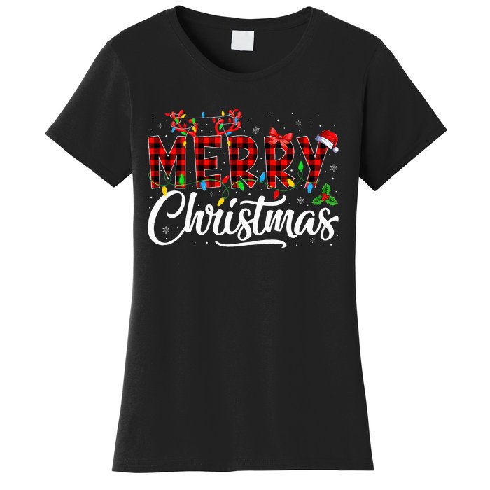 Merry Christmas Buffalo Plaid Red Santa Hat Pajama Women's T-Shirt