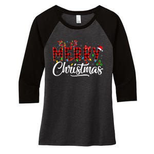 Merry Christmas Buffalo Plaid Red Santa Hat Pajama Women's Tri-Blend 3/4-Sleeve Raglan Shirt