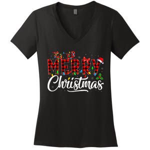 Merry Christmas Buffalo Plaid Red Santa Hat Pajama Women's V-Neck T-Shirt