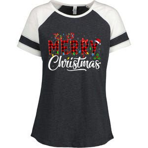 Merry Christmas Buffalo Plaid Red Santa Hat Pajama Enza Ladies Jersey Colorblock Tee