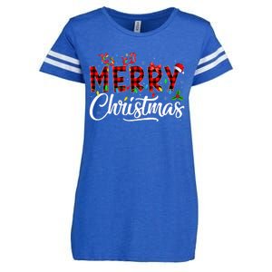 Merry Christmas Buffalo Plaid Red Santa Hat Pajama Enza Ladies Jersey Football T-Shirt