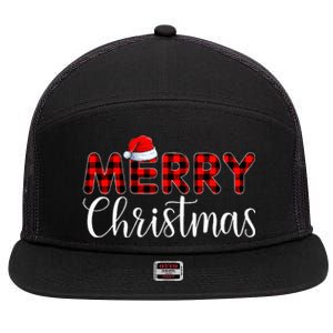 Merry Christmas Buffalo Plaid Red Santa Hat Pajama  7 Panel Mesh Trucker Snapback Hat