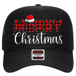 Merry Christmas Buffalo Plaid Red Santa Hat Pajama  High Crown Mesh Back Trucker Hat