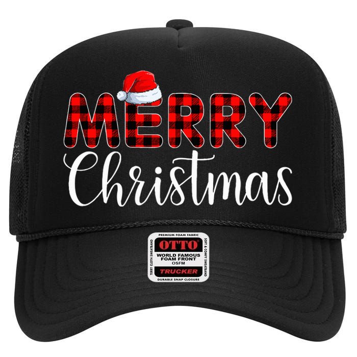 Merry Christmas Buffalo Plaid Red Santa Hat Pajama  High Crown Mesh Back Trucker Hat