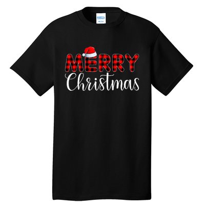 Merry Christmas Buffalo Plaid Red Santa Hat Pajama  Tall T-Shirt