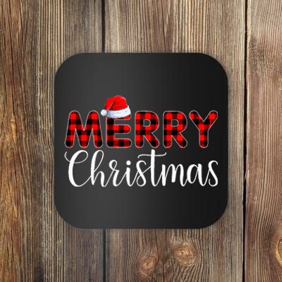 Merry Christmas Buffalo Plaid Red Santa Hat Pajama  Coaster